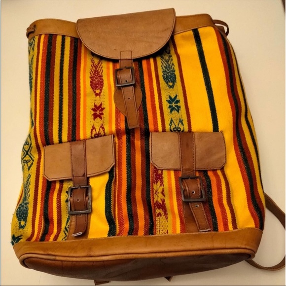Ethnic boho design leather & canvas backpack, can convert to a shoulder bag - Picture 3 of 10